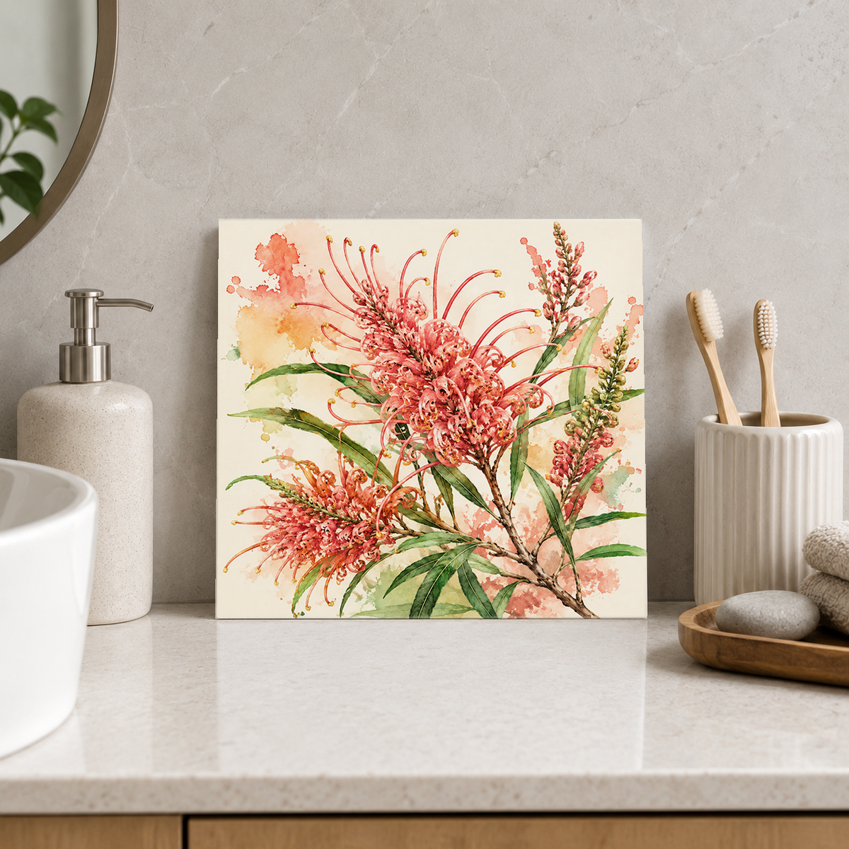 Grevillea ceramic decorative tile in Pop Color, shown in a room mockup