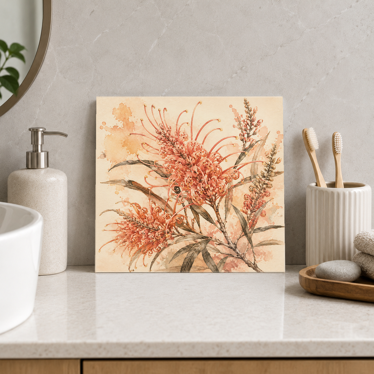 Grevillea ceramic decorative tile in Warm Country, shown in a room mockup