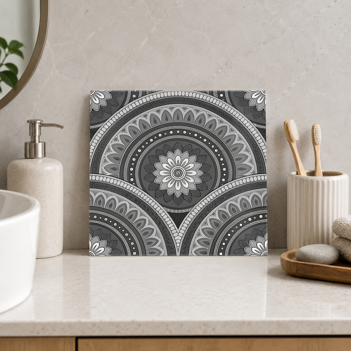 Grey Floral Scallop Mandalas Tile displayed in the bathroom tile mock-up