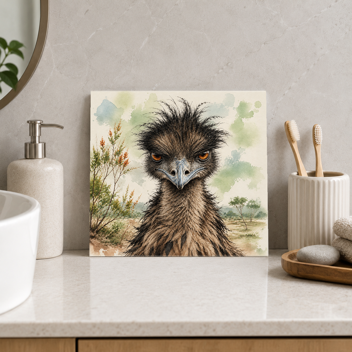Grumpy Emu ceramic decorative tile in Pop Color, shown in a room mockup