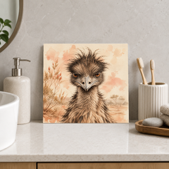 Grumpy Emu ceramic decorative tile in Warm Country, shown in a room mockup