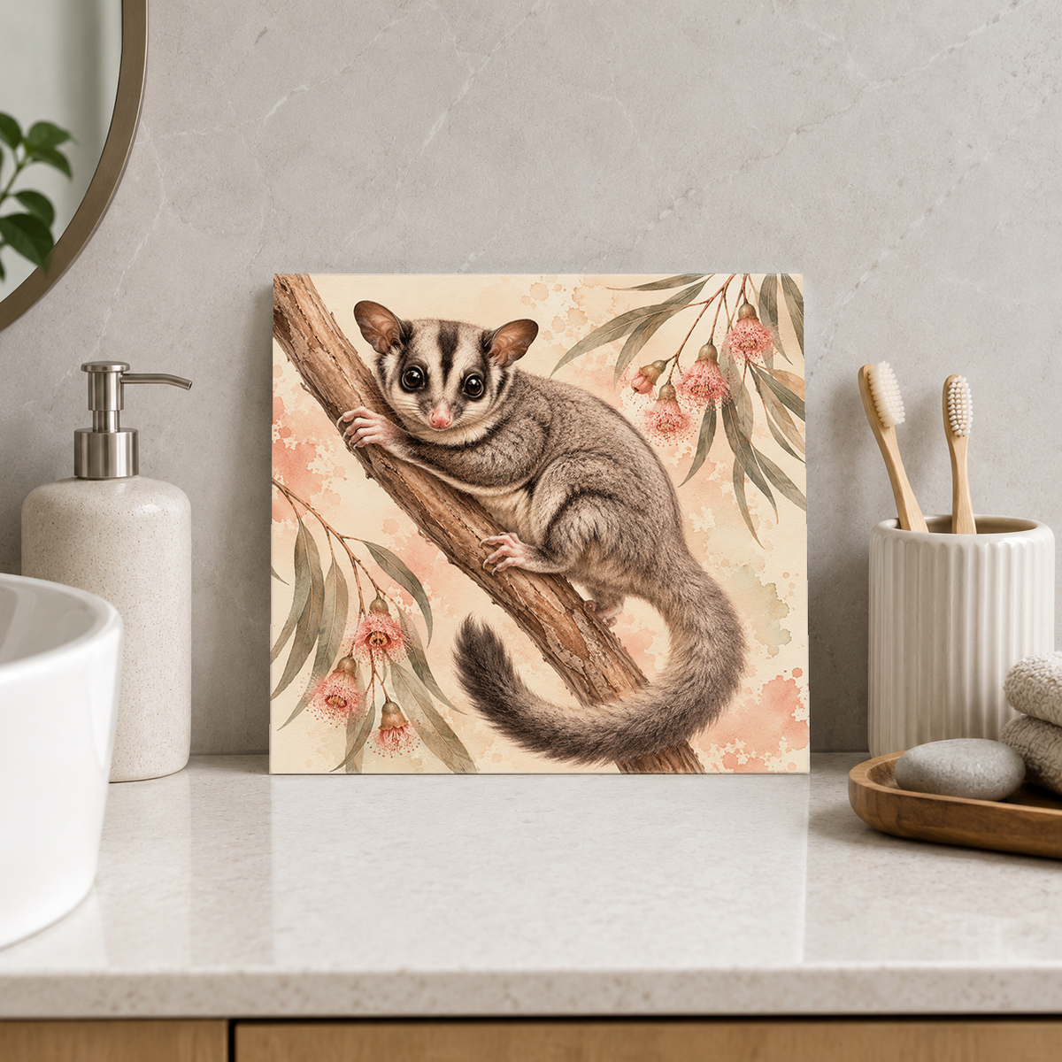 Gum Blossom Glider ceramic decorative tile in Warm Country, shown in a room mockup