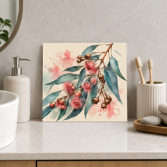 Gum Nuts and Leaves ceramic decorative tile in Pop Color, shown in a room mockup