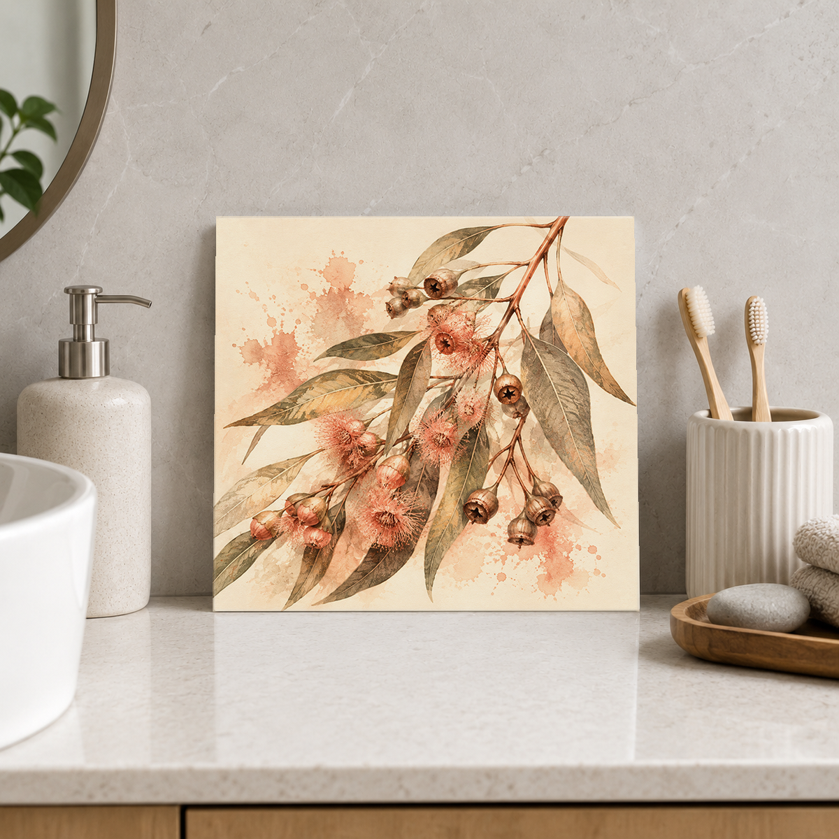 Gum Nuts and Leaves ceramic decorative tile in Warm Country, shown in a room mockup