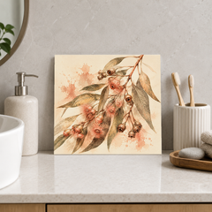 Gum Nuts and Leaves ceramic decorative tile in Warm Country, shown in a room mockup