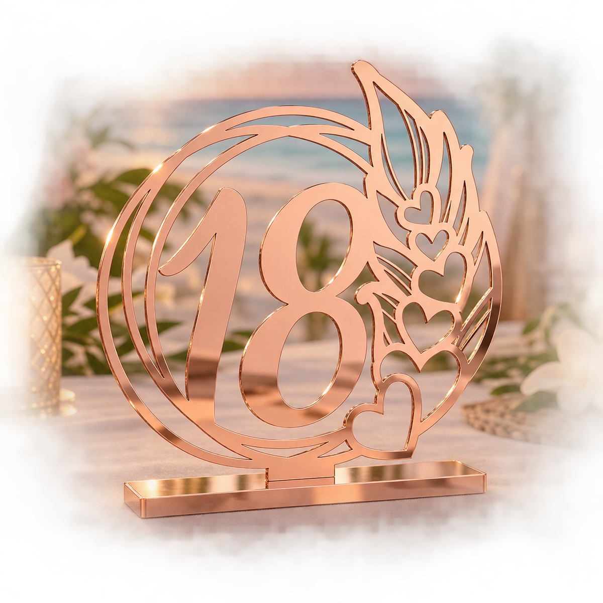 Heart and Wheat Wreath Table Number in rose gold mirror acrylic with flat base