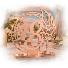 Heart and Wheat Wreath Table Number in rose gold mirror acrylic with flat base