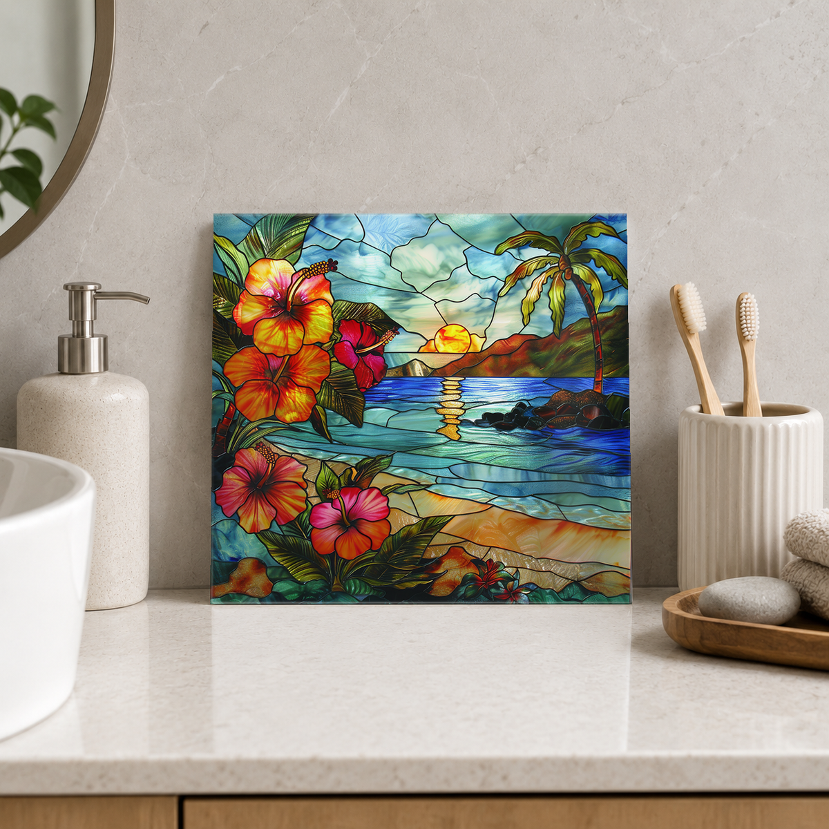 Hibiscus beside Tropical Island Sunset Tile displayed in the bathroom tile mock-up