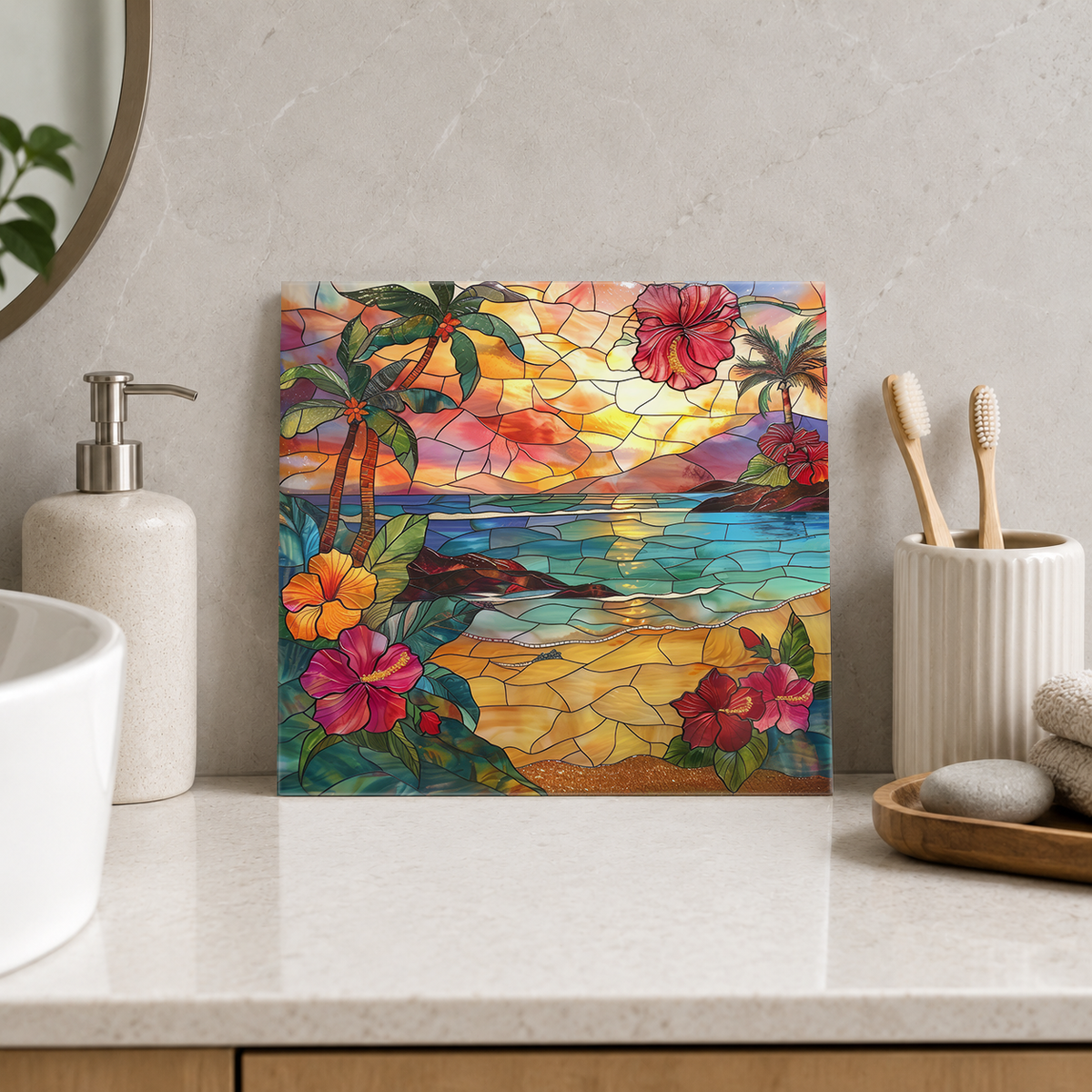 Hibiscus Border around Golden Beach Tile displayed in the bathroom tile mock-up