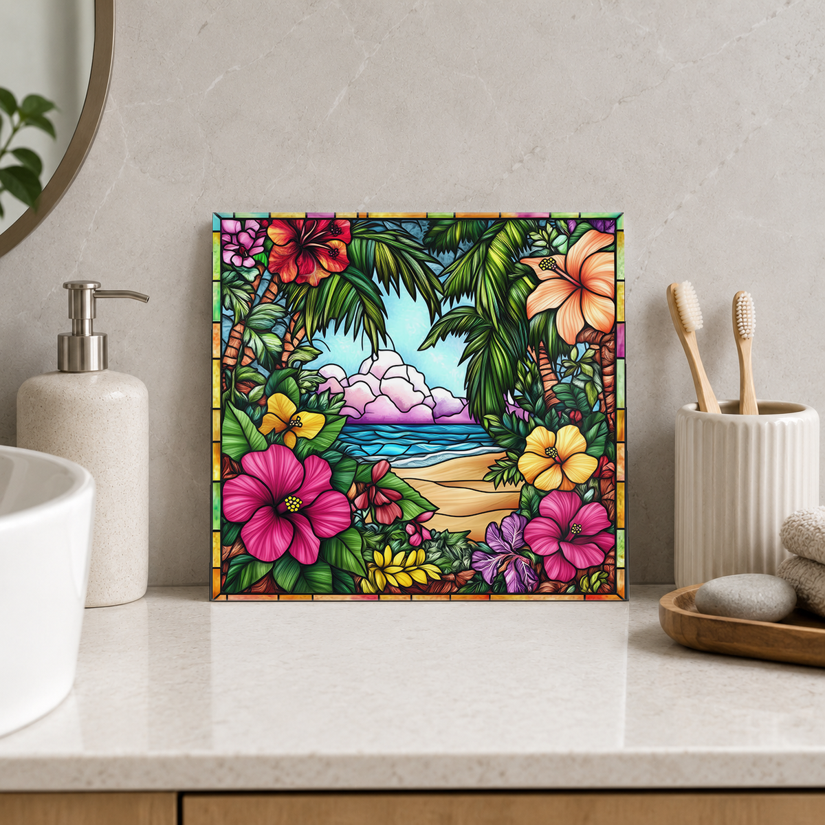 Hibiscus Garden around Tropical Beach Tile displayed in the bathroom tile mock-up