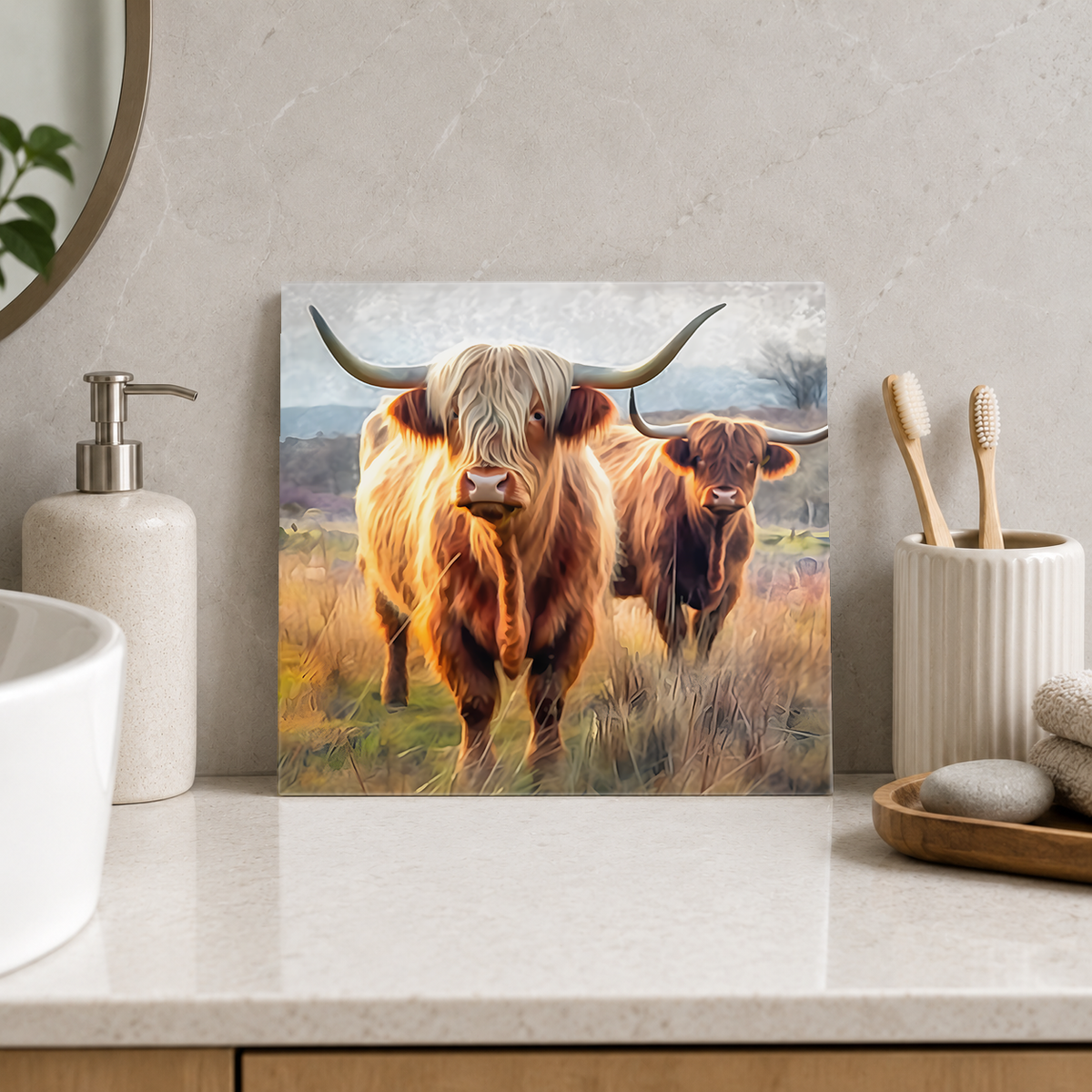 Highland Cow and Calf in Meadow Tile displayed in the bathroom tile mock-up