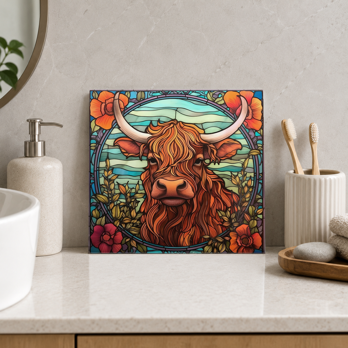 Highland Cow in Poppy Frame Tile displayed in the bathroom tile mock-up