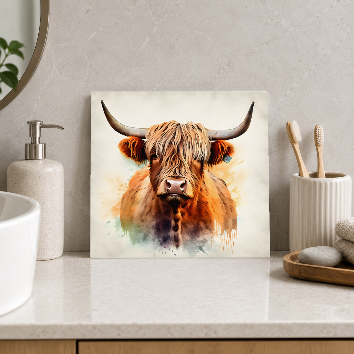 Highland Cow Portrait Tile displayed in the bathroom tile mock-up