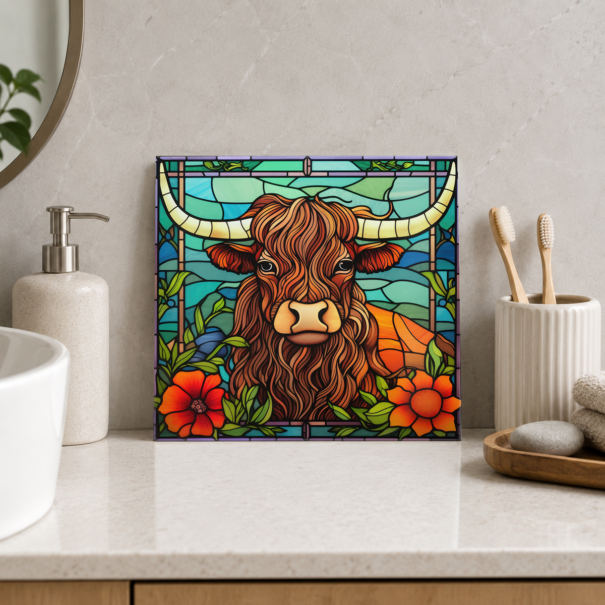 Highland Cow with Red Hibiscus Tile displayed in the bathroom tile mock-up
