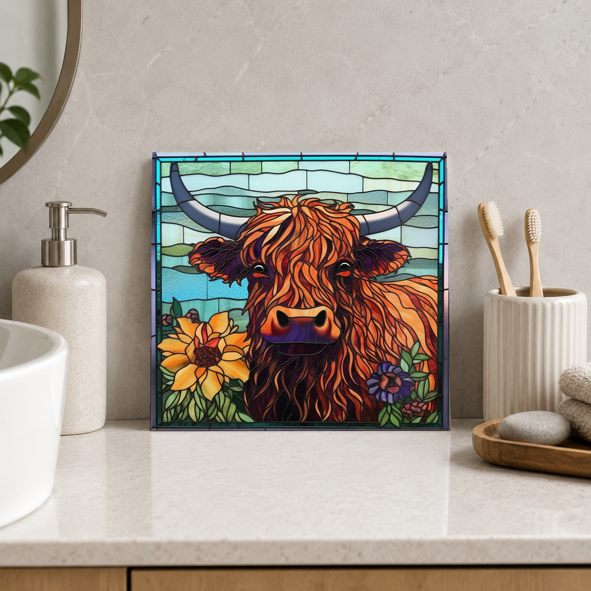 Highland Cow with Sunflower Tile displayed in the bathroom tile mock-up