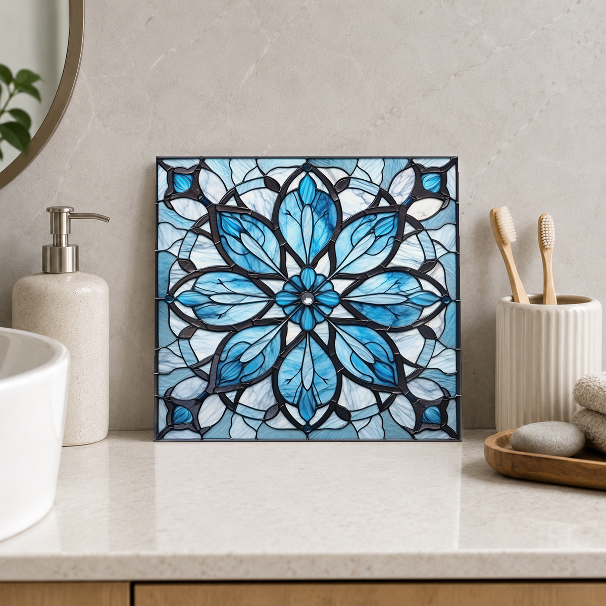 Ice Blue Flower in Silver Mosaic Tile displayed in the bathroom tile mock-up