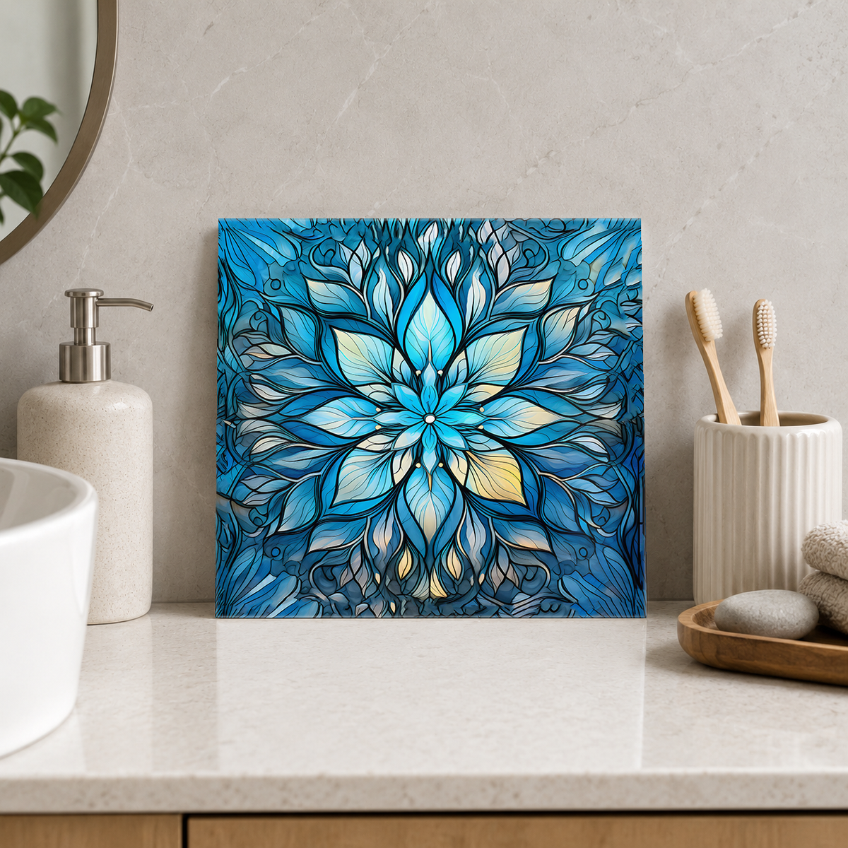 Ice Blue Radiating Blossom Tile displayed in the bathroom tile mock-up