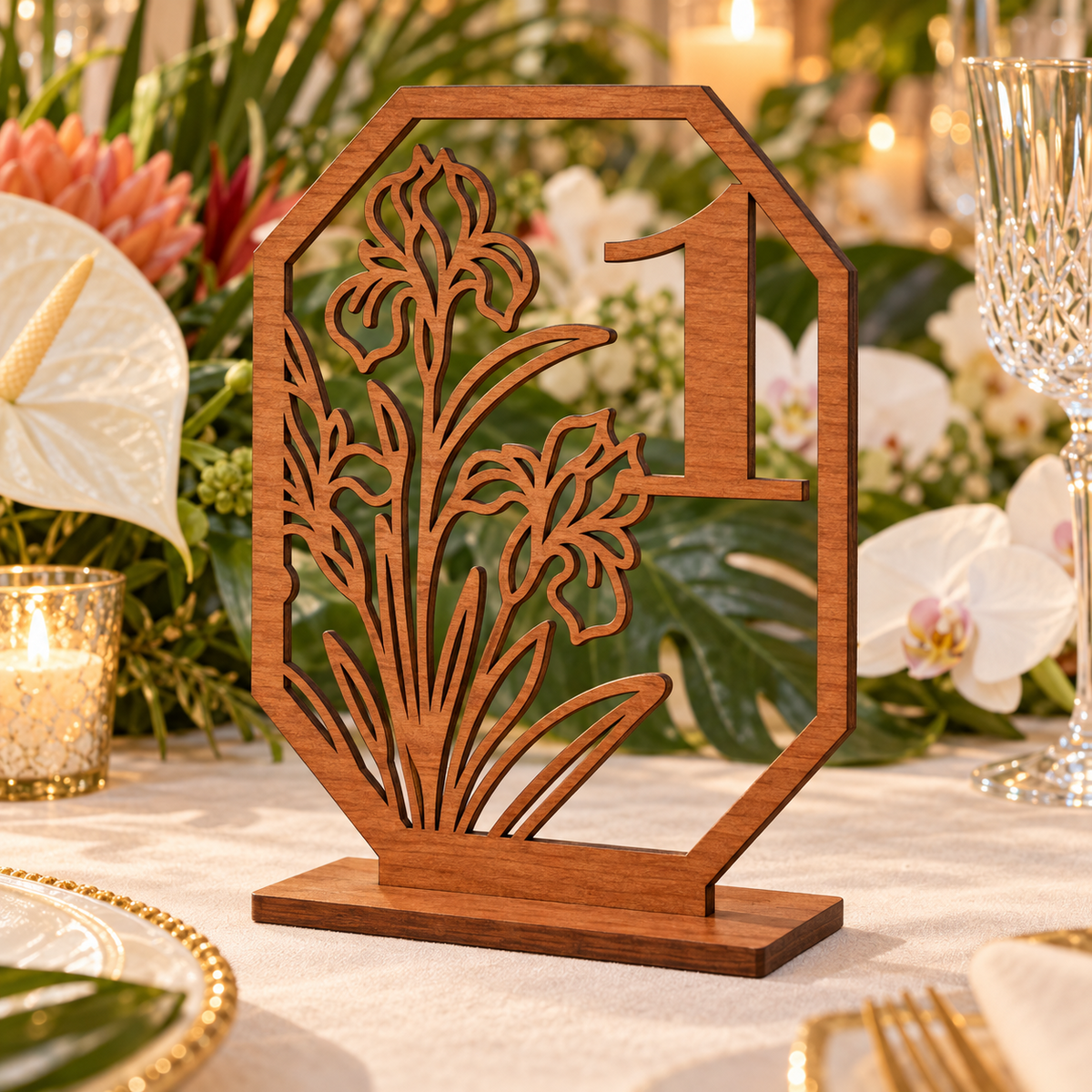 Iris Octagon Table Number in varnished wood with flat base