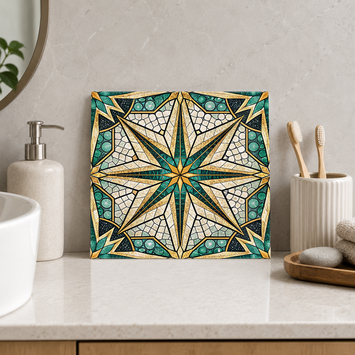 Ivory and Emerald Compass Star Tile displayed in the bathroom tile mock-up