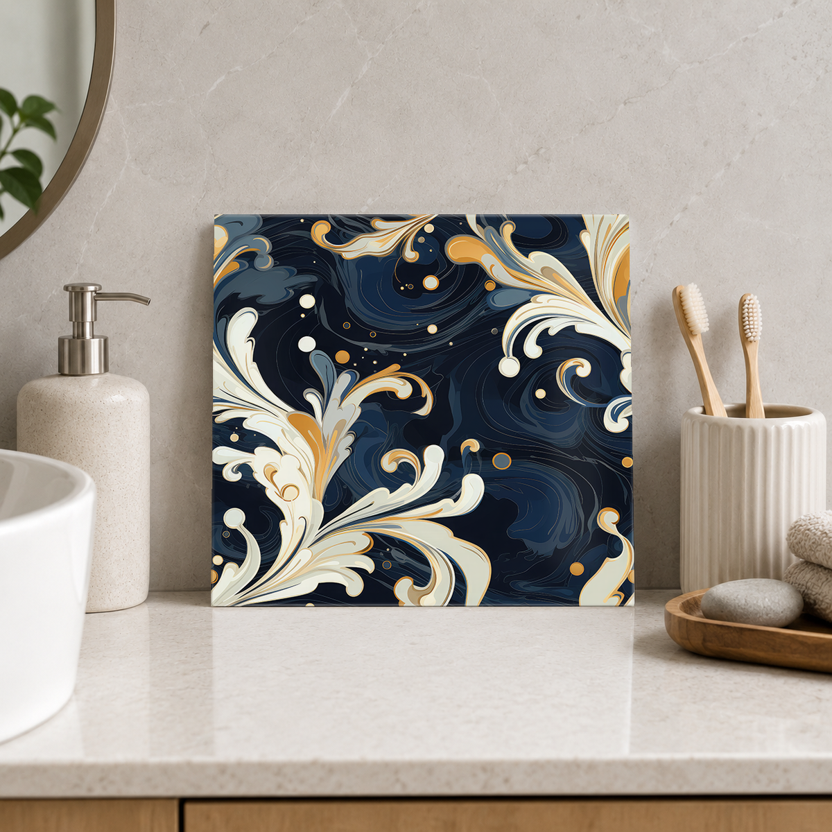 Ivory and Gold Swirls on Navy Tile displayed in the bathroom tile mock-up