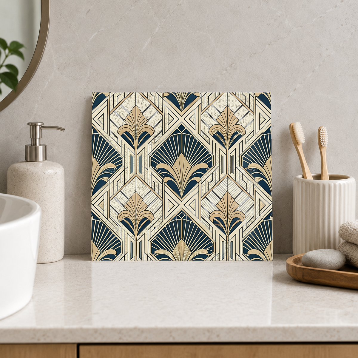 Ivory and Navy Feather Lattice Tile displayed in the bathroom tile mock-up