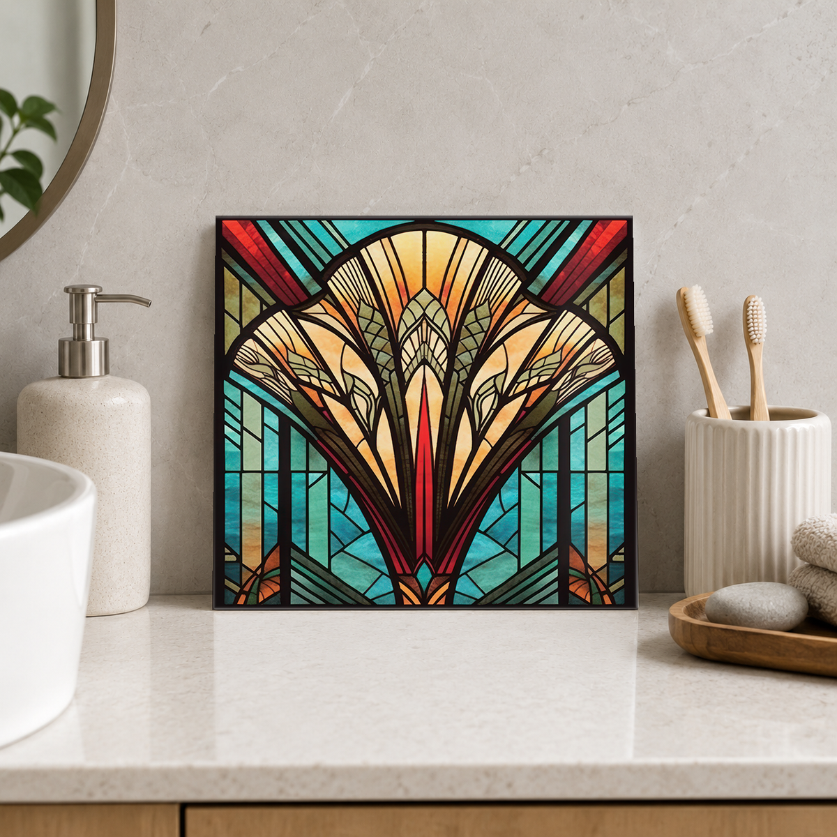 Ivory and Ruby Fan Tile displayed in the bathroom tile mock-up