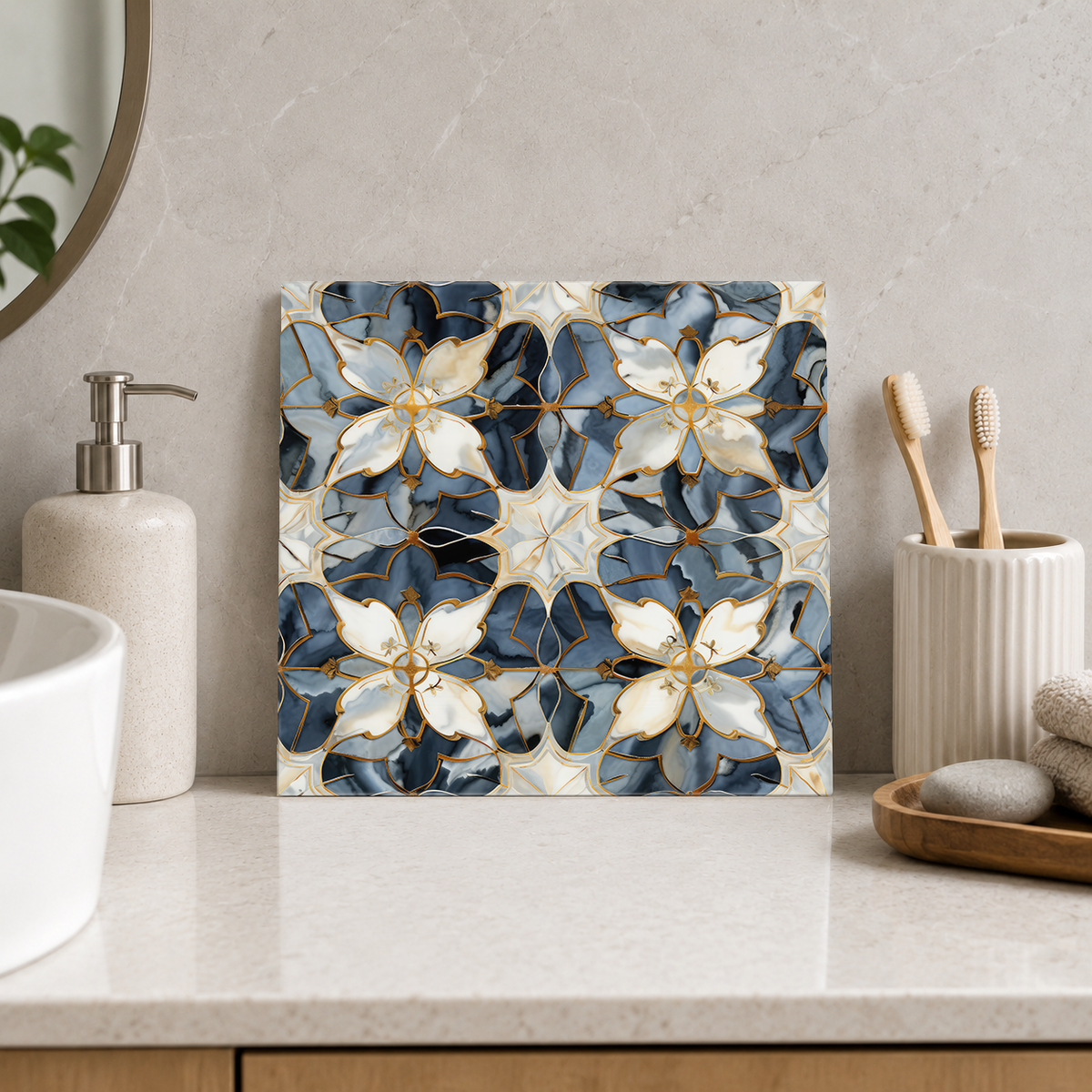 Ivory Blossoms on Slate Blue Tile displayed in the bathroom tile mock-up