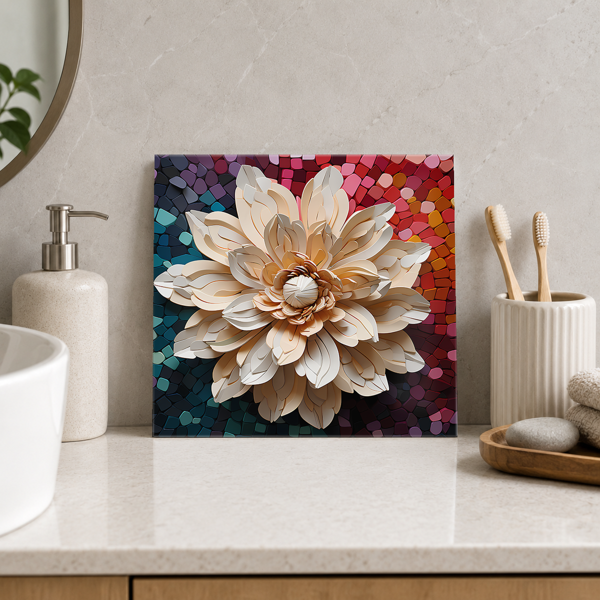 Ivory Dahlia on Jewel Colours Tile displayed in the bathroom tile mock-up
