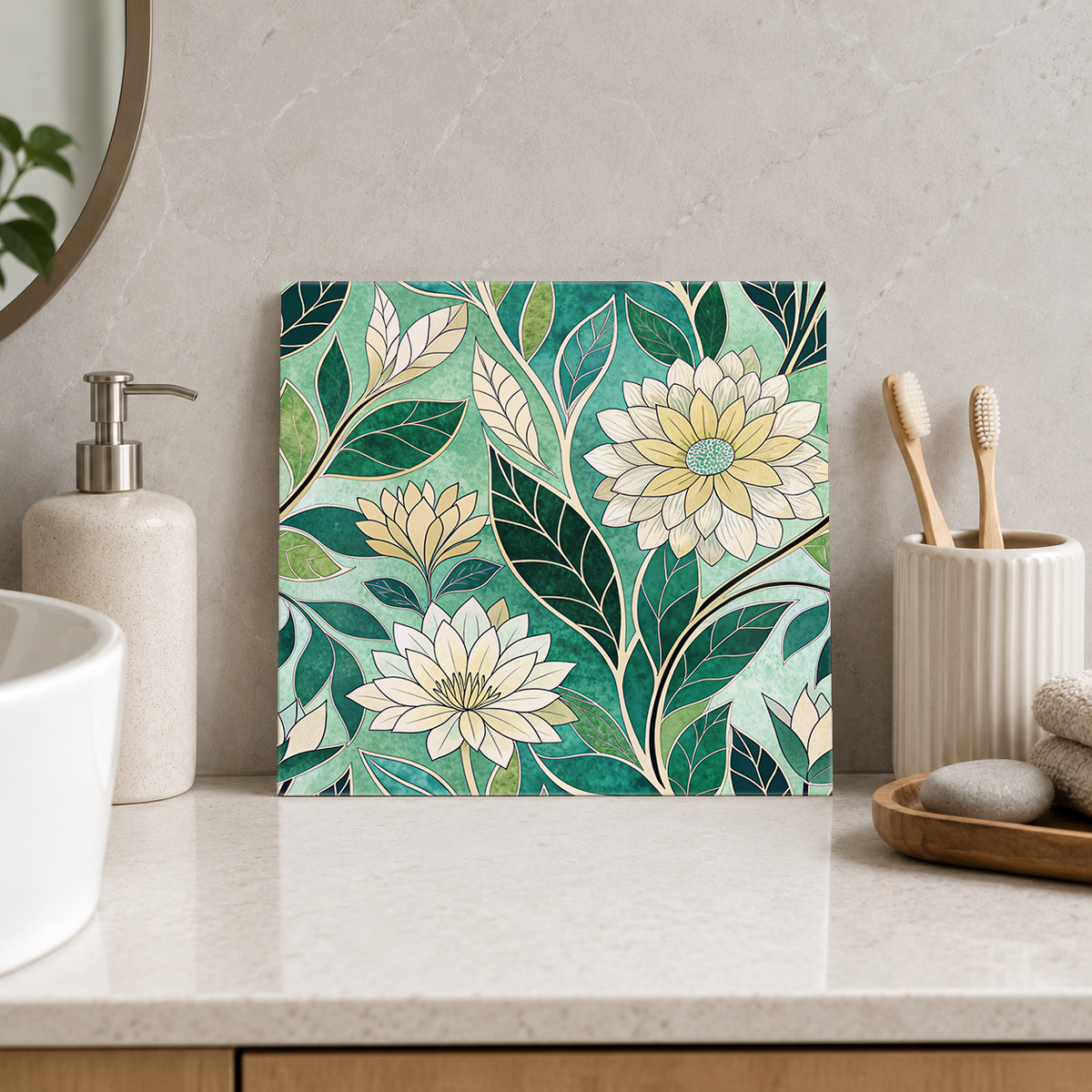 Ivory Daisies on Emerald Leaves Tile displayed in the bathroom tile mock-up