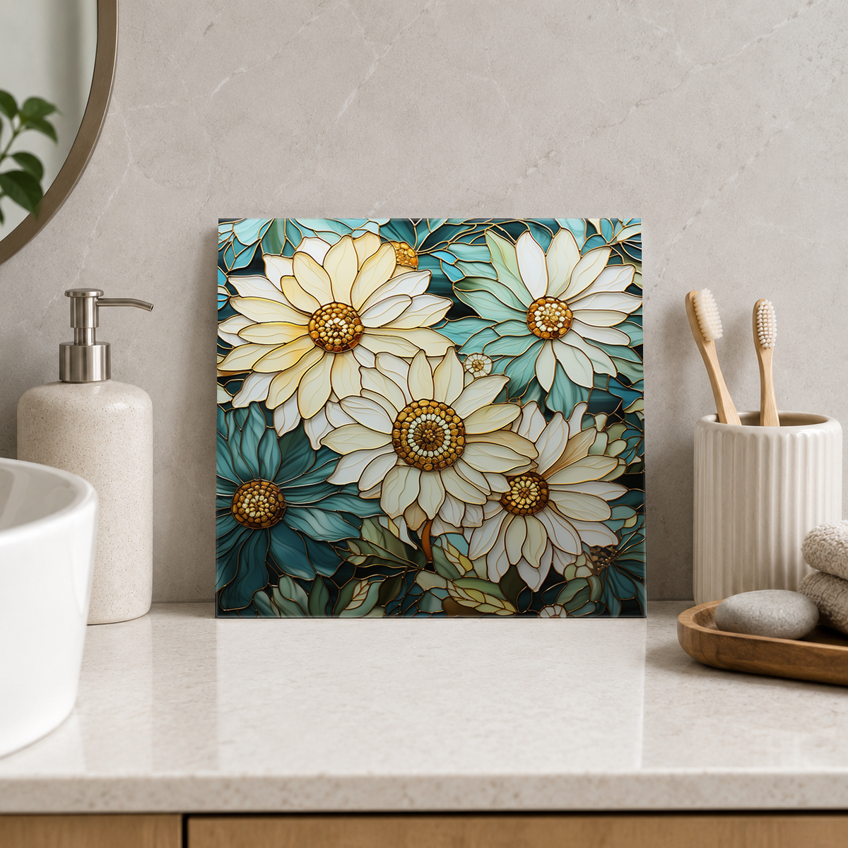 Ivory Daisies on Sage Tile displayed in the bathroom tile mock-up