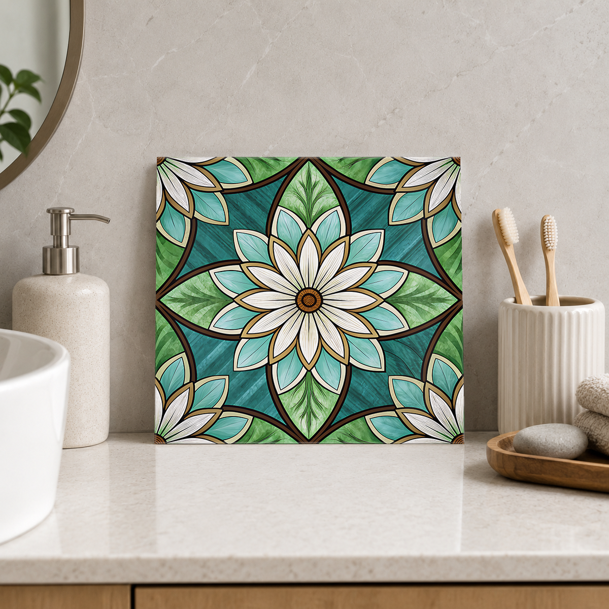 Ivory Daisy on Green Petal Lattice Tile displayed in the bathroom tile mock-up