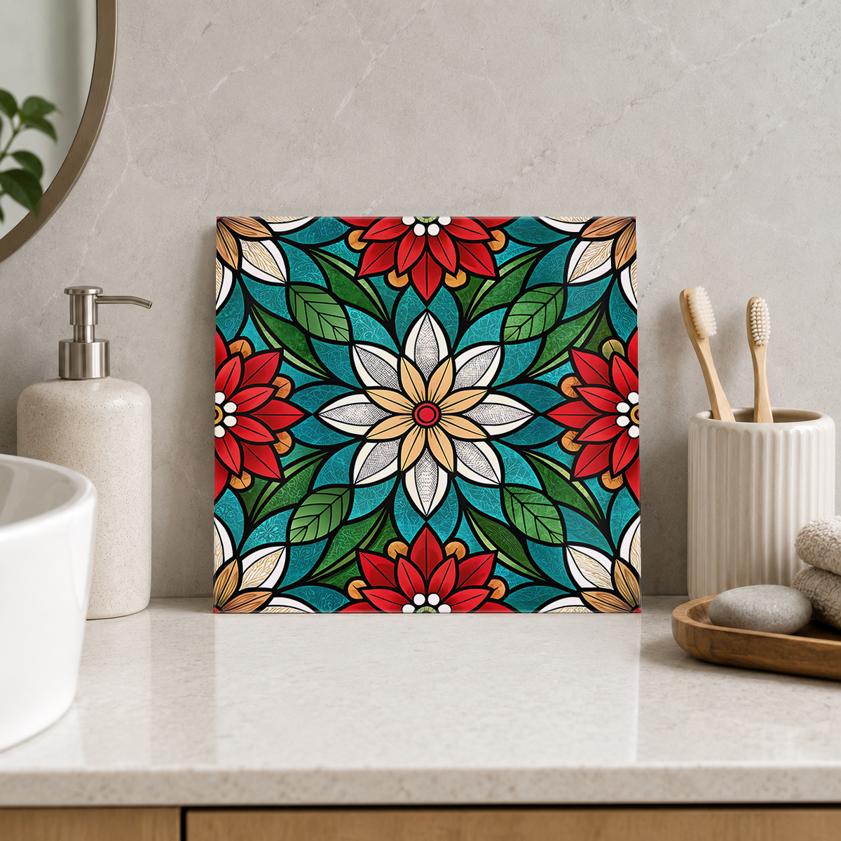 Ivory Daisy on Teal Leaf Star Tile displayed in the bathroom tile mock-up