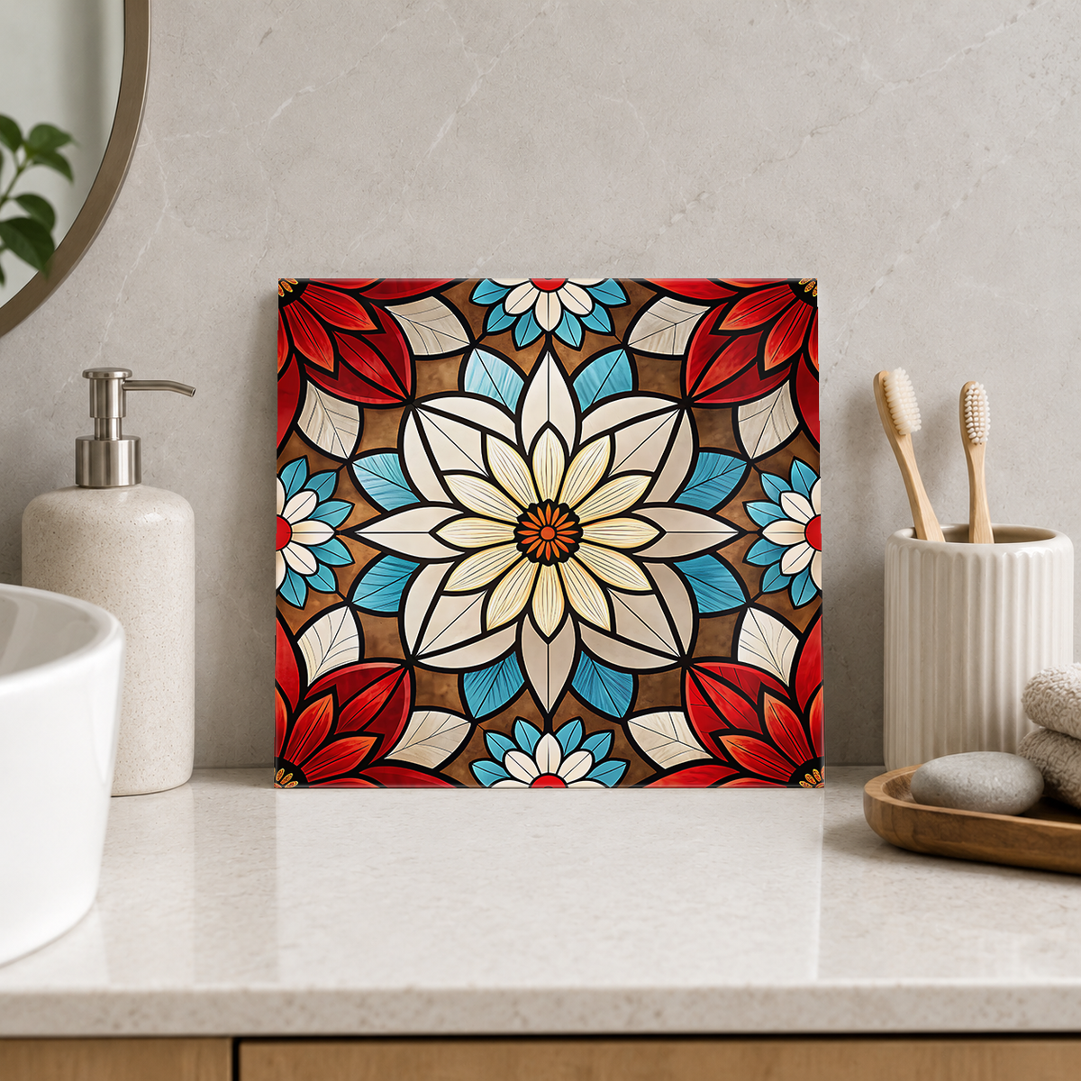 Ivory Daisy with Red Corners Tile displayed in the bathroom tile mock-up