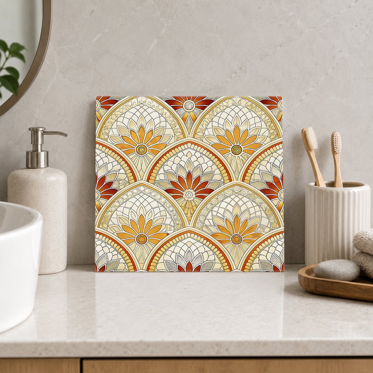 Ivory Floral Shells Tile displayed in the bathroom tile mock-up