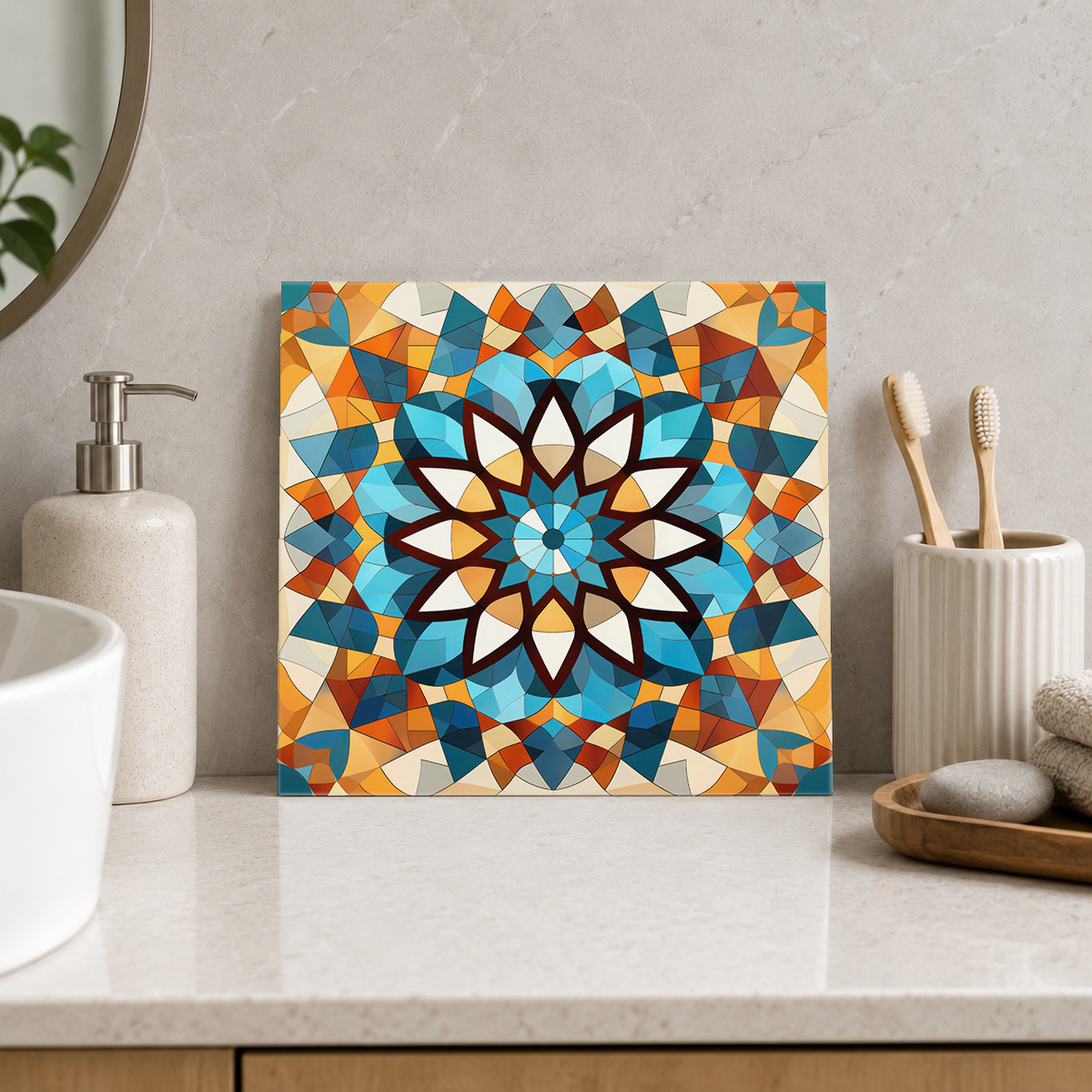 Ivory Flower in Rainbow Facets Tile displayed in the bathroom tile mock-up