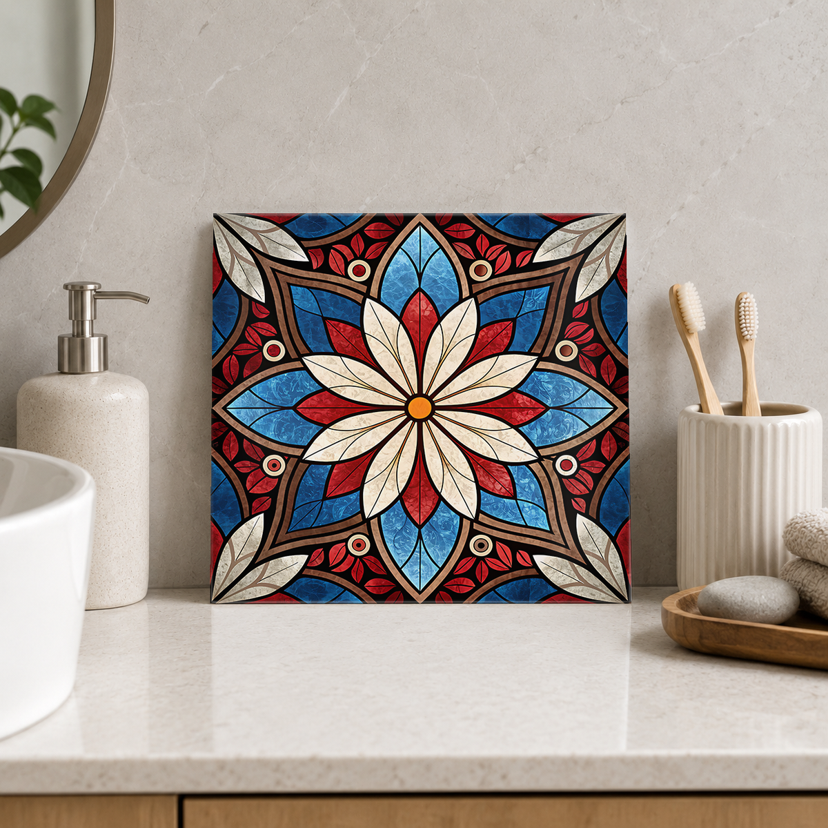 Ivory Flower on Red and Blue Star Tile displayed in the bathroom tile mock-up