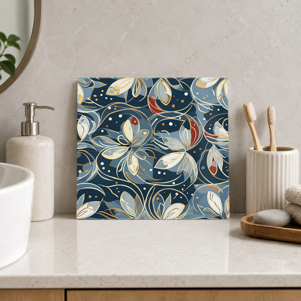 Ivory Leaf Vines on Navy Tile displayed in the bathroom tile mock-up