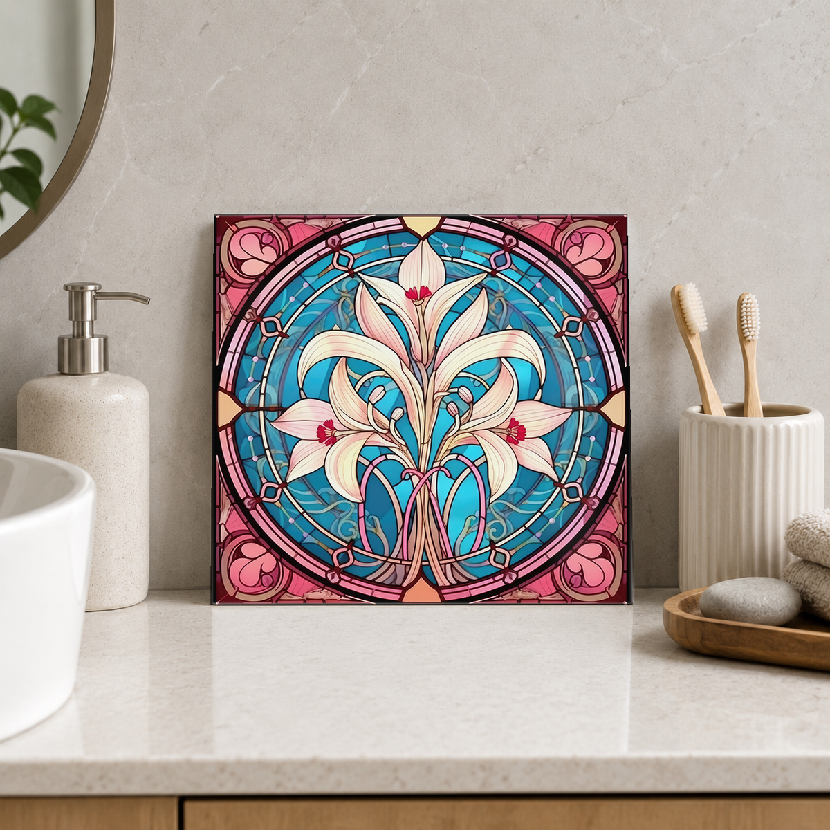 Ivory Lilies in Pink Circular Frame Tile displayed in the bathroom tile mock-up