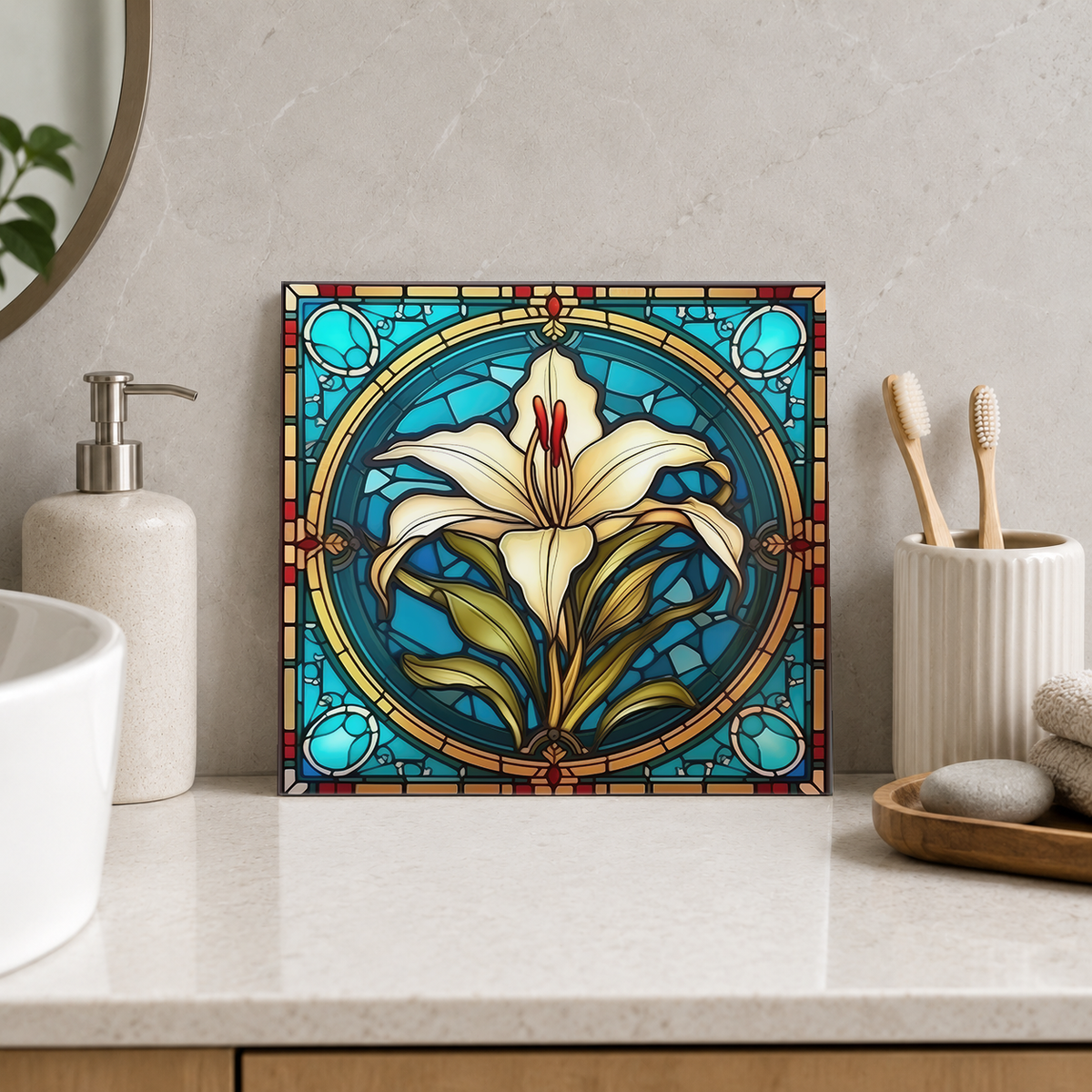 Ivory Lily in Golden Circle Tile displayed in the bathroom tile mock-up