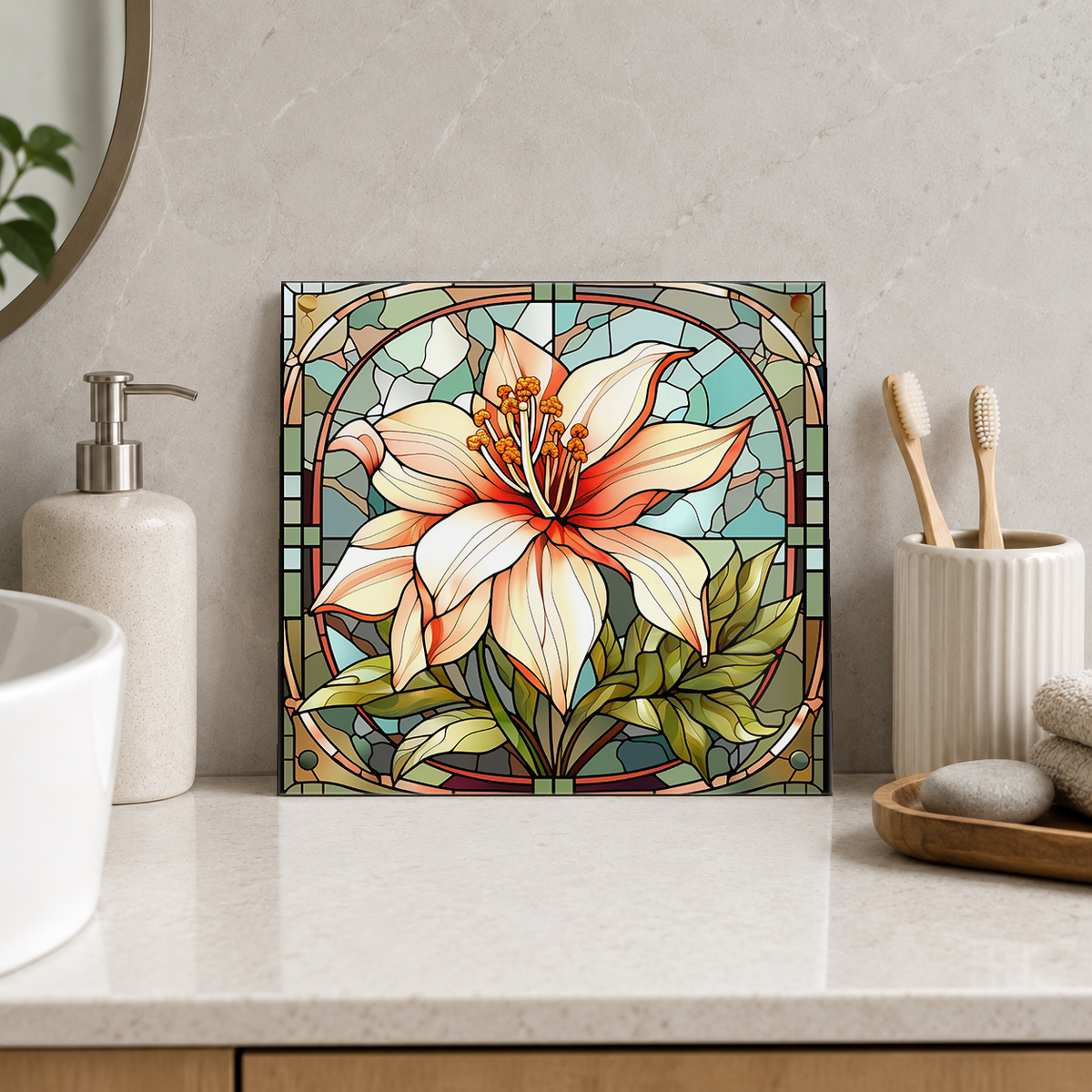 Ivory Lily with Coral Centre Tile displayed in the bathroom tile mock-up