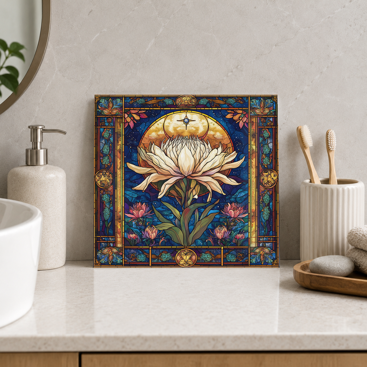 Ivory Lotus in Moonlit Frame Tile displayed in the bathroom tile mock-up