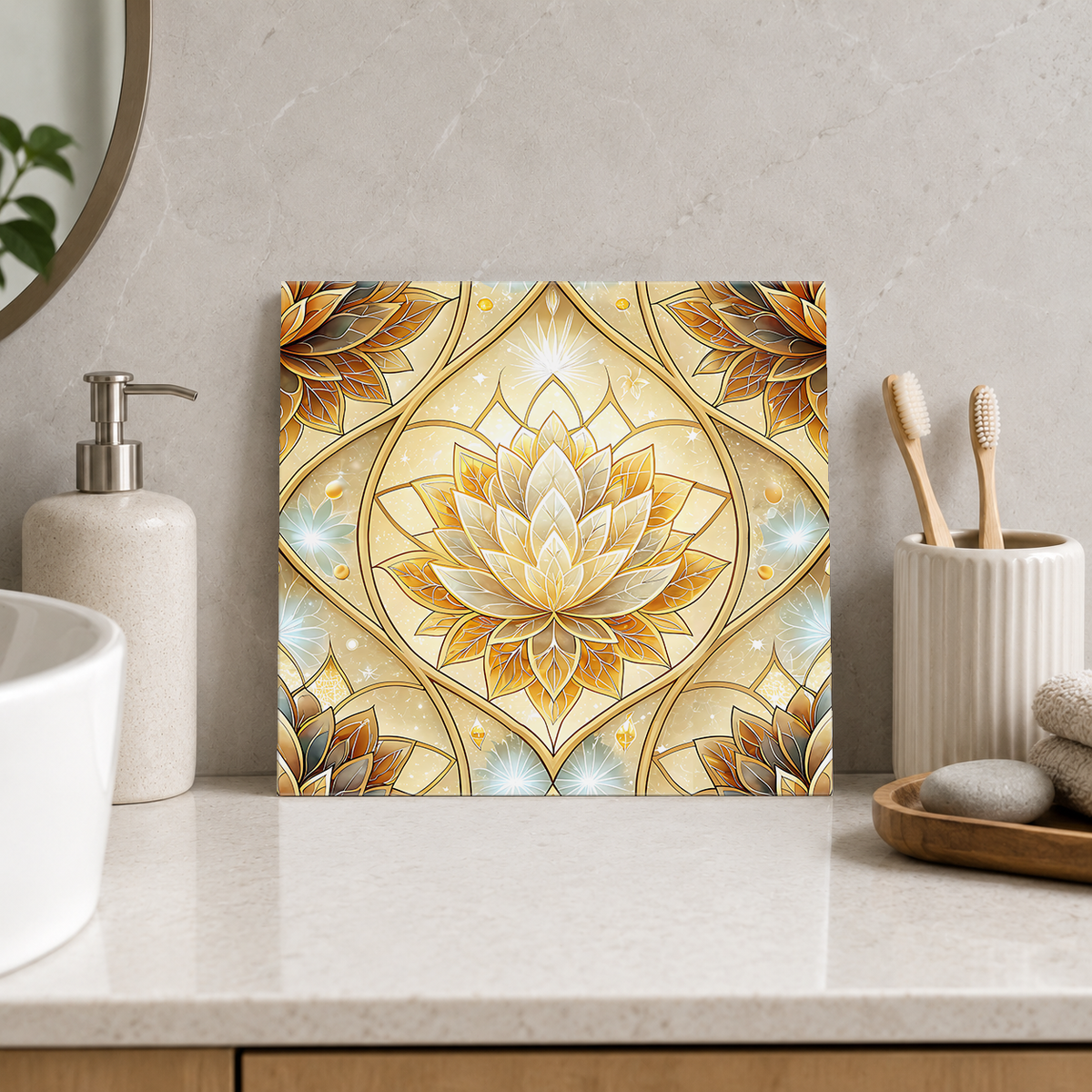 Ivory Lotus on Gold Tile displayed in the bathroom tile mock-up
