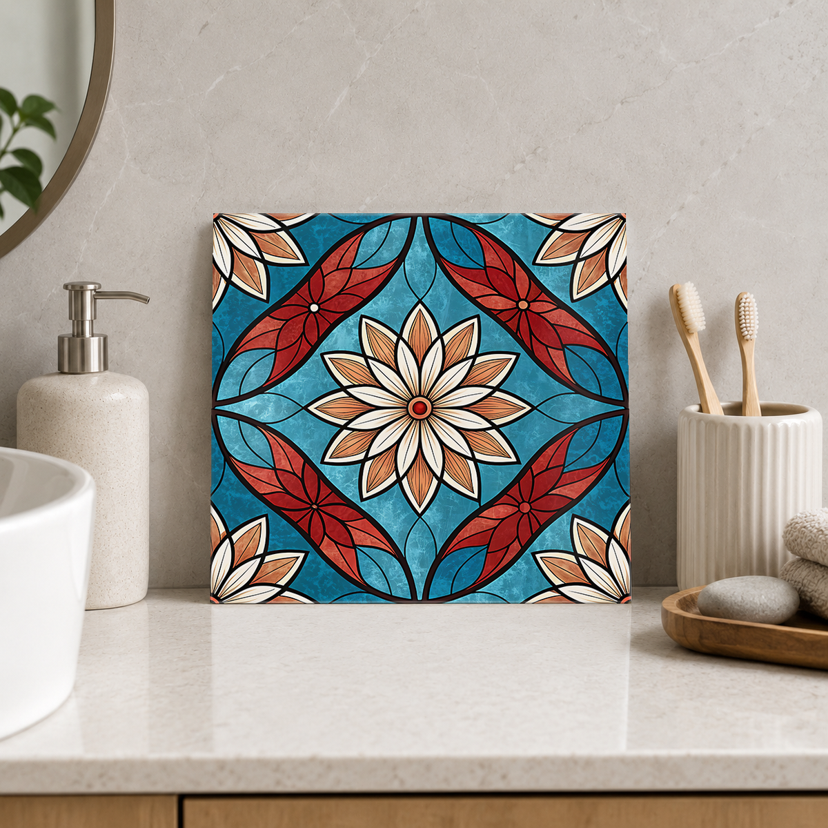 Ivory Rosette with Red Petal Corners Tile displayed in the bathroom tile mock-up