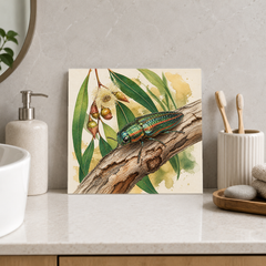 Jewel Beetle ceramic decorative tile in Pop Color, shown in a room mockup