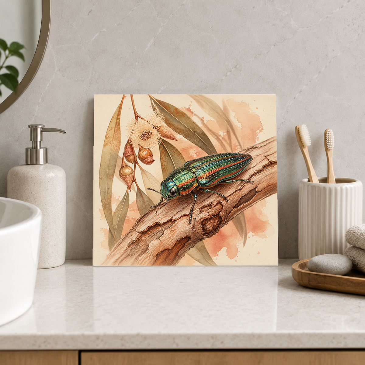 Jewel Beetle ceramic decorative tile in Warm Country, shown in a room mockup