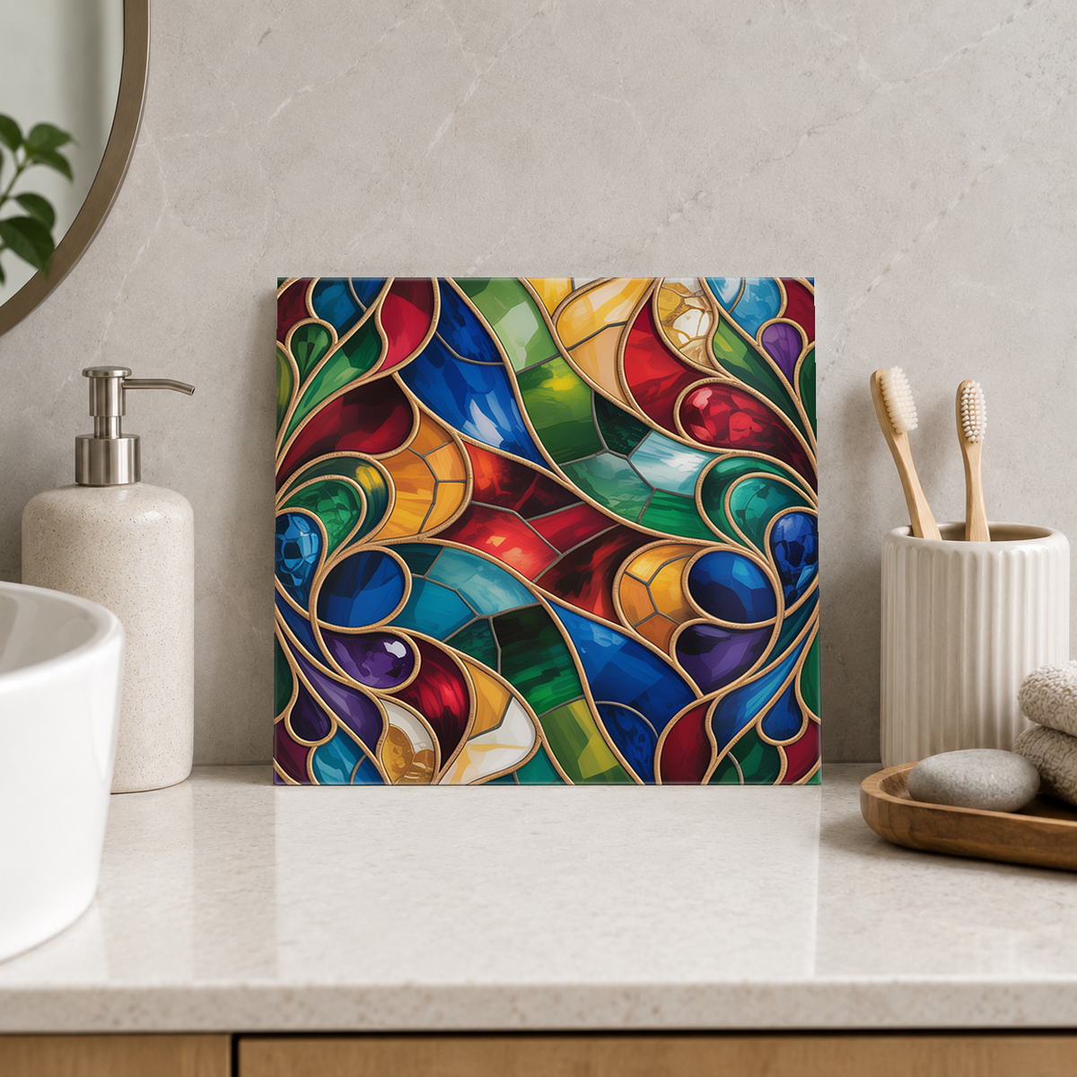 Jewel Colour Flowing Scrolls Tile displayed in the bathroom tile mock-up