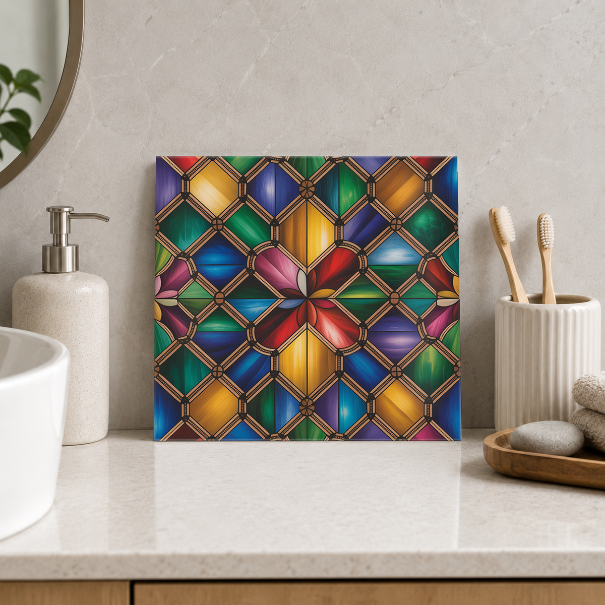 Jewel Diamond Grid with Red Flower Tile displayed in the bathroom tile mock-up