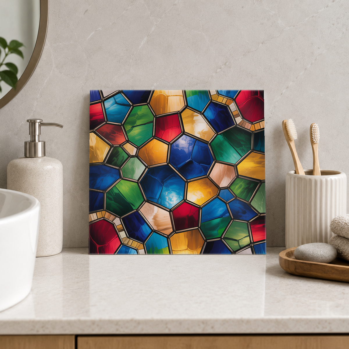 Jewel Hexagonal Glass Mosaic Tile displayed in the bathroom tile mock-up