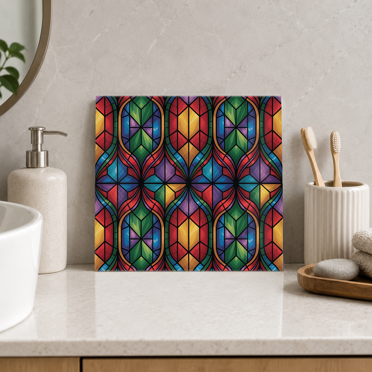 Jewel Oval and Star Lattice Tile displayed in the bathroom tile mock-up