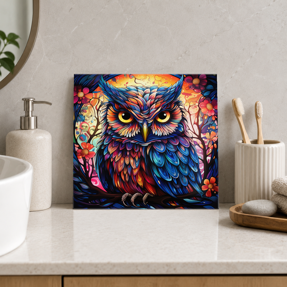Jewel Owl beneath Fiery Sky Tile displayed in the bathroom tile mock-up